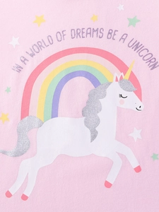 T-shirt rose pour filles avec imprimé licorne arc-en-ciel et paillettes argentées