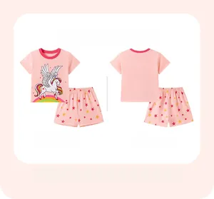Ensemble d'été rose en coton pour enfant avec motif licorne arc-en-ciel et étoiles