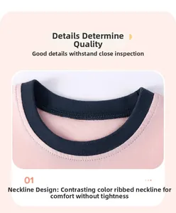 Detail of pink knitted top with a dark blue contrasting ribbed crew neck for toddlers