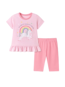 Ensemble d'été deux pièces en coton rose pour fille avec licorne et arc-en-ciel