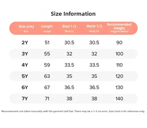 Detailed size information chart for girls summer tulle dress ranging from 2Y to 7Y