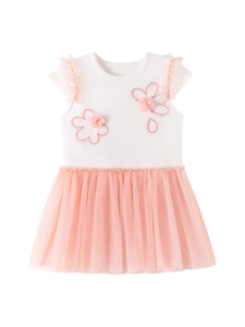 Cute girls pink tulle dress with white floral bodice and sparkling mesh skirt