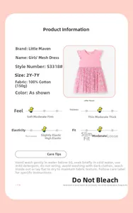 Tableau des tailles et détails du tissu pour la robe fille en tulle rose à fleurs