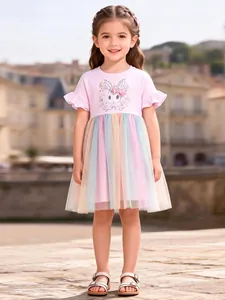 Robe d'été pour Filles en Coton Rose Manches Courtes Maille Arc-en-Ciel Lapin de Dessin Animé Princesse Fête Enfants Décontracté