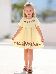 Girls Cotton Short Sleeve Dress Featuring Floral Embroidery Pastoral Style Round Neck Summer Princess Dress For Kids Clothes