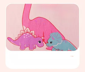 Detail of pink cotton fabric with Dinosaur Girl print and colorful cartoon dinosaurs