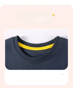 Detailed close-up of dark blue ribbed crew neckline with durable yellow inner neck tape