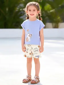 Completo Estivo da Bambina T-Shirt a Maniche Corte e Pantaloncini Stampati Gatto dei Cartoni Animati Cotone Bambini Lavanda