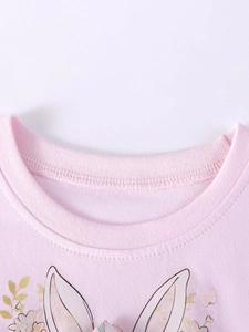 Robe rose à manches courtes pour filles avec imprimé lapin et col rond à fines côtes