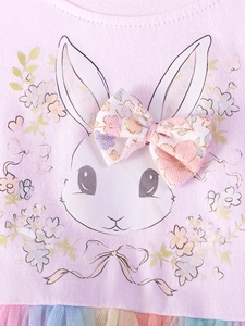 Robe rose pour petite fille avec motif lapin et jupon en tulle arc-en-ciel coloré