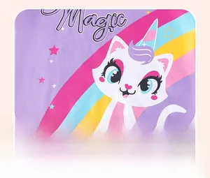 Detail of purple cotton girl's outfit with magic unicorn cat rainbow print
