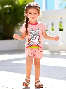 Ensemble de Vêtements d'Été pour Filles 100 Pour Cent Coton T-Shirt Licorne Arc-en-Ciel et Short Imprimé Étoiles Rose