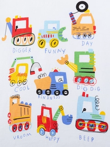 Kids cotton summer set with colorful cartoon construction vehicle prints on white fabric