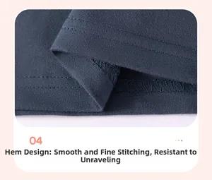 Detail of double-needle stitching on the hem of dark blue knitted boys' t-shirt