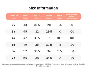 Detailed size chart for girls summer short sleeve dress ranging from 2Y to 7Y sizes