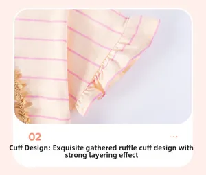 Detail of cute striped girls dress showing delicate shirred ruffle cuff sleeves