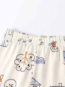 Completo estivo due pezzi in cotone per bambini con gatti e motivi in bianco crema