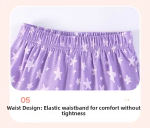 Detail of girls' purple star print pants showing comfortable elastic waistband design