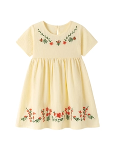 Short sleeve pale yellow cotton dress for girls with red floral embroidery motifs
