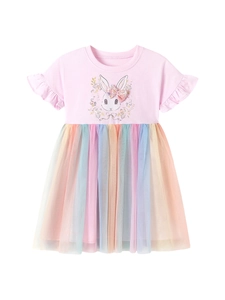 Robe rose pour fille avec motif lapin et jupe tutu en maille arc-en-ciel
