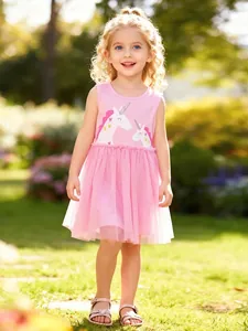 Robe en Tulle Rose Sans Manches pour Filles Avec Imprimé Licorne Corsage en Coton Confortable Jupe en Mesh Tutu