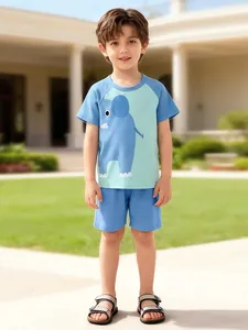 Little Maven Ensemble de Vêtements d'Été en Coton pour Garçons T-Shirt à Manches Raglan Imprimé Éléphant et Short Élastique
