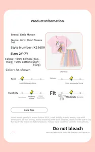 Detailed size and material chart for girls cotton unicorn t-shirt and rainbow tutu set