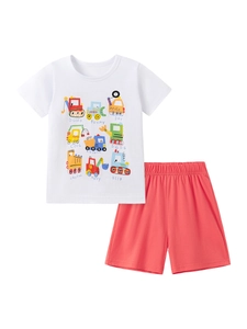 Summer boys set with white cartoon vehicle t-shirt and coral red shorts in flat lay view