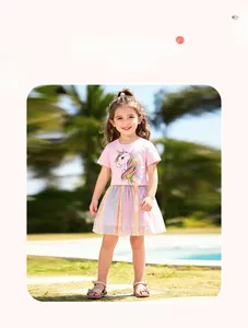 Girl's summer set featuring a pink unicorn cotton t-shirt and colorful mesh tutu skirt