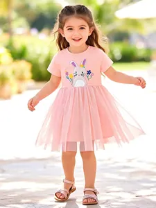 Kurzarm Baumwollkleid Rosa Hase Blumen Bestickt Gestuft Tüll Prinzessin Kleid Für Kleinkinder Kinder Täglich Party Sommer