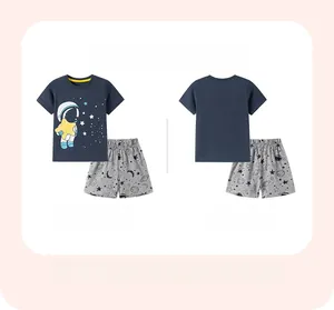 Detailed front and back view of boys' short sleeve set with astronaut and space pattern