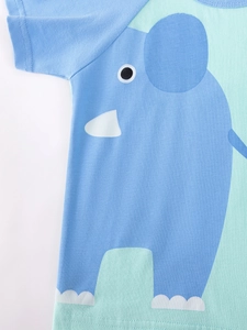 Ensemble d'été pour garçon en coton avec imprimé éléphant bleu et manches contrastées