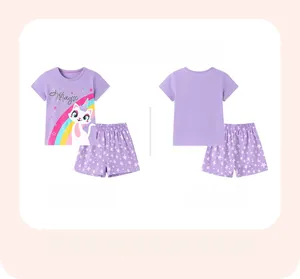 Detailed front and back view of girls purple cotton pajamas with unicorn and magic prints