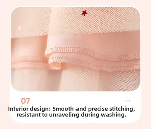 Detail des rosa Netz-Kleiderfutters mit roten Sternpailletten und Overlock-Nähten