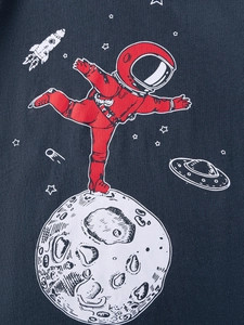 Boys summer cotton pajama set with dark blue astronaut skating on moon graphic print