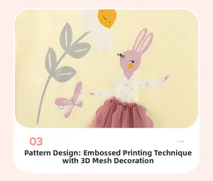 Detalle de conjunto de algodón para niña con conejo y falda de tul rosa en 3D