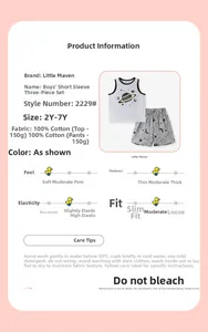 Detail of boys' 100% cotton summer set featuring planet graphics and printed shorts