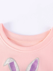 Rosa Baumwollkleid für Mädchen mit Hasen-Stickerei und hochwertigem Rundhalsausschnitt