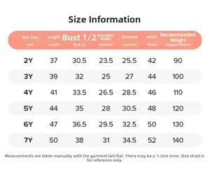 Detailed size chart with measurements for little girls summer cartoon three-piece sets