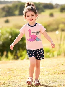 Little Maven Toddler Girls Summer Cotton Clothing Set Pink Dinosaur Print Short Sleeve Top Navy Polka Dot Shorts Two Piece Outfit