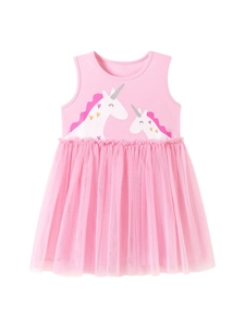 Robe sans manches rose pour filles avec motif licorne et jupon en tulle multicouche