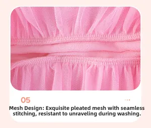 Detail of pink mesh tulle dress with pleated gathers and durable reinforced stitching