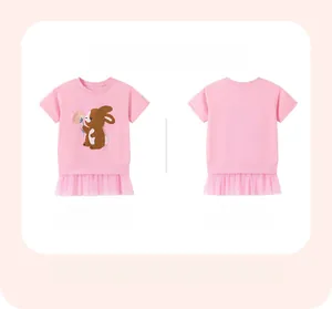 Front and back view of girls pink short-sleeved dress with cute 3D bunny applique