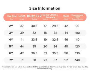Detailed size chart for children cartoon short sleeve summer set from 2Y to 7Y