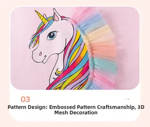 Detail of pink girls' top featuring unicorn heat transfer print and 3D colorful mesh mane