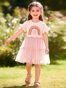 Little Girls Pink Striped Rainbow Applique Mesh Princess Dress Summer Short Sleeve Tutu Dress Cotton Splicing Clothes