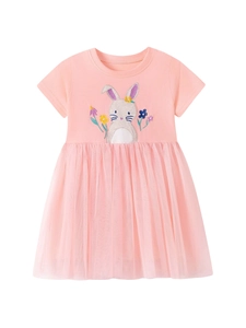 Rosa kurzärmeliges Mädchenkleid mit süßer Hasenstickerei und weichem Tüll-Tutu-Rock
