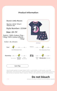 Détail d'ensemble d'été en coton bleu marine pour filles avec motif chat et licorne