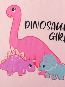 Cute dinosaur girl cartoon print on pink knit summer short sleeve kids outfit