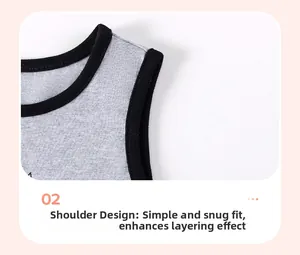 Detail of grey cotton tank top showing clean shoulder stitching and black ribbed edges